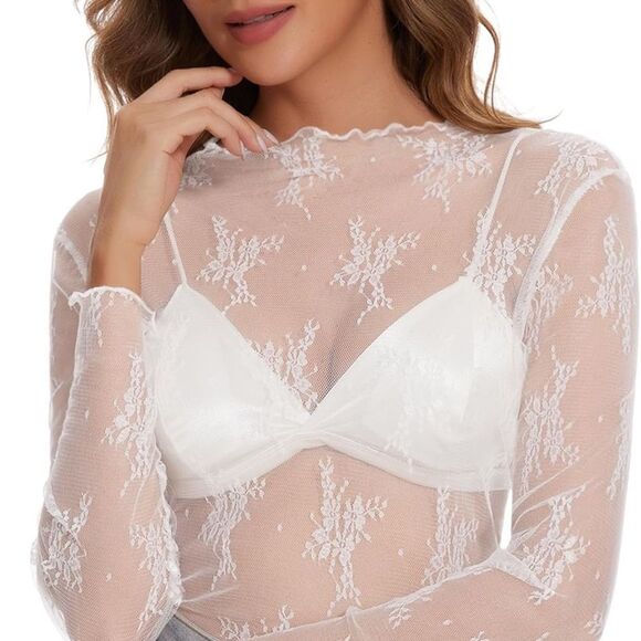 Macy’s | Cream Lace Long Sleeve Embroidered Top Size M - Picture 4 of 7